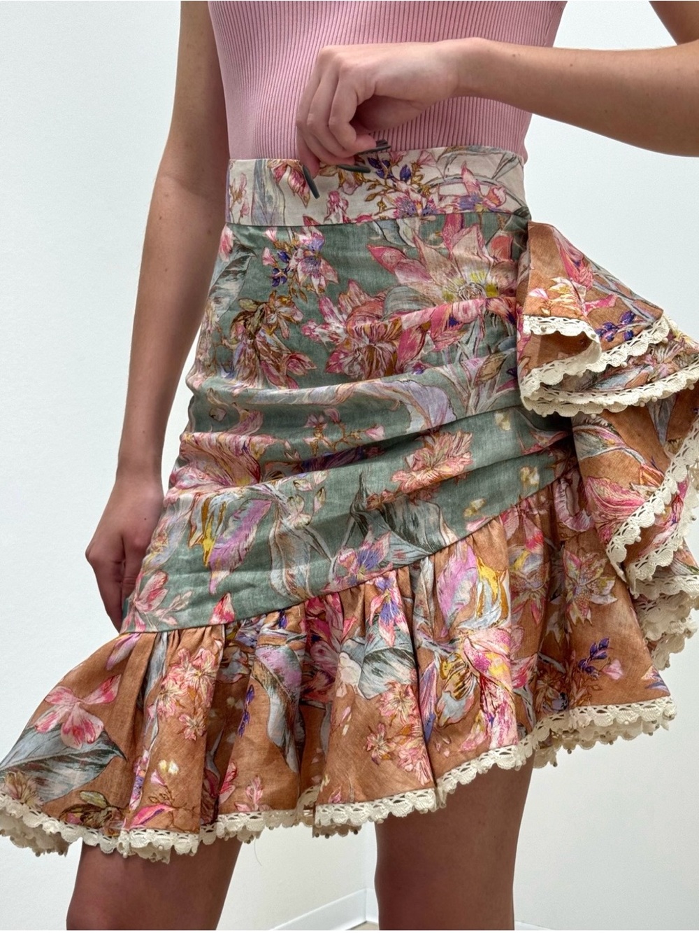 Zimmermann Floral Asymmetrical Ruffle Wrap Skirt in Pink, Green, Tan